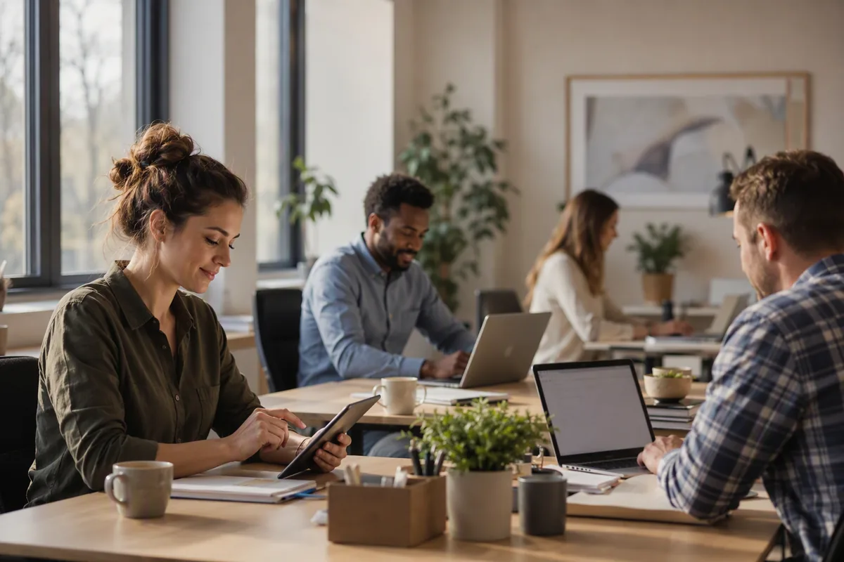 一家小型公司的开放式办公室,几名非技术员工在各自电脑前使用工具处理日常业务